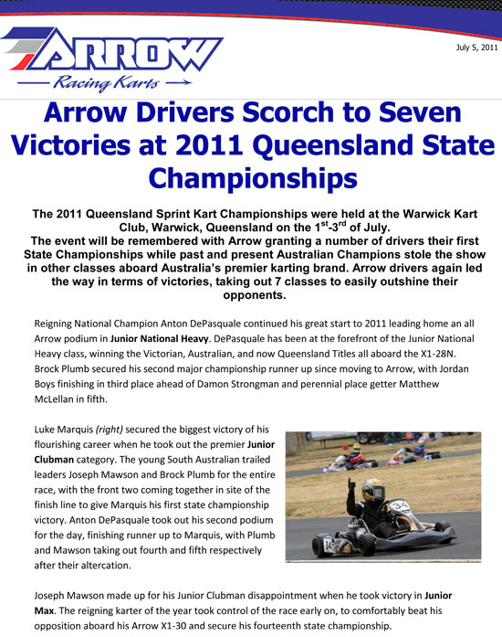 arrow karts report queensland karting championship 2011