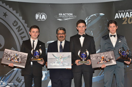 CIK-FIA World Karting Championship Top 3 Drivers (Tom Joyner, 3rd; Flavio Camponeschi, 1st; Felice Tiene, 2nd) with CIK-FIA President Shaikh Abdulla