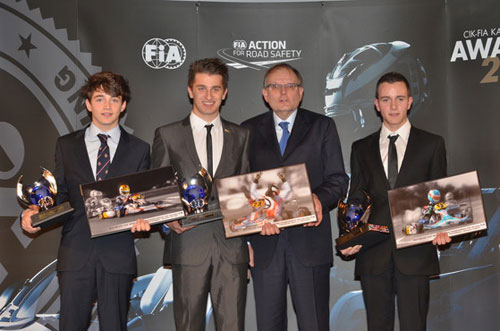 CIK-FIA "U18" World Karting Championship Top 3 Drivers Charles Leclerc, 2nd; Henry G. Easthope, 1st; Anthoine Hubert, 3rd) with CIK-FIA Vice-President Kees Van de Grint