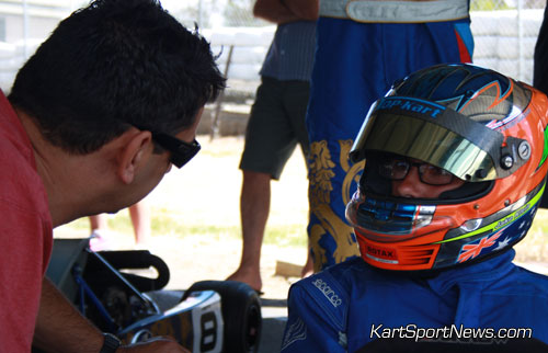 Jake Klein in pre-race discussion with Tommy Nicolaou. After a couple of 2nds and a 3rd in the pre-final, Jake led a number of the early laps in the final, but fell to 6th by the end