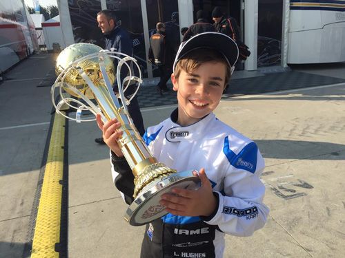 Lochie Hughes with the WSK Promotion Gold Cup 60Mini 2nd-place trophy