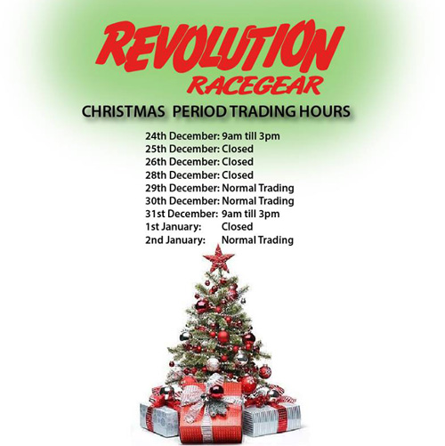 Revolution Racegear trading details for the Xmas/New Year period (Melbourne, Adelaide, Brisbane, Sydney and Perth stores):