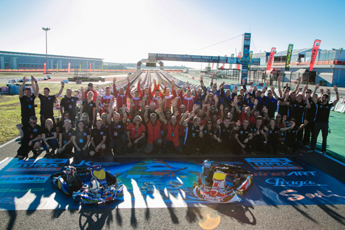 Support staff gather for a 'class of 2015' photo ahead of the 16th annual Rotax Max Challenge Grand Finals event at Portimao in Portugal this week