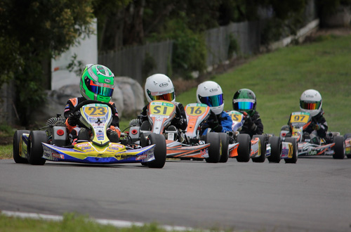 1st in Cadet ROK, Liam Sceats (#23) leads Louis Sharp and Logan Manson