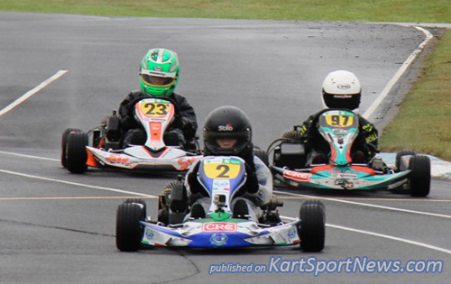 Kaden Probst (#2) leading eventual Cadet ROK class round winner Liam Sceats (#23) and Ryan Bell (#97) at Tokoroa on the weekend