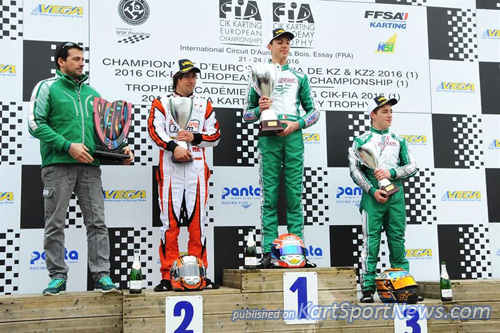 KZ2 podium, the winner Corberi on top, together with Federer 2nd, and Besancenez, plus Alberto Viglino for Tony Kart Racing Team