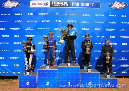Micro Max Final Podium (Left to Right): Emerson Vincent (4th), Macka Hazard (2nd), Sebastian Ruiz (1st), Harry Arnett (3rd) and Xavier Renshaw (5th)