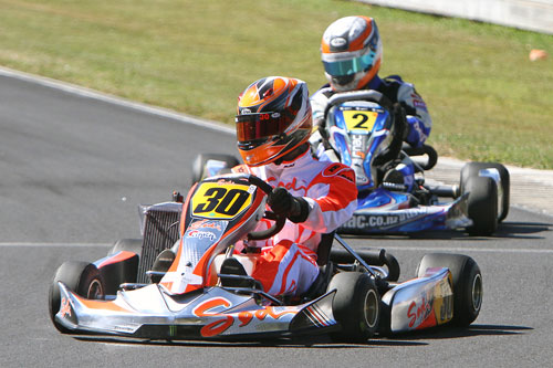 Aucklander Mathew Kinsman (#30) has already wrapped up the Platinum Glass Rotax Max 125cc Lights class, but the battle for second place is on this weekend between his brother Daniel and Daniel Connor (#2).