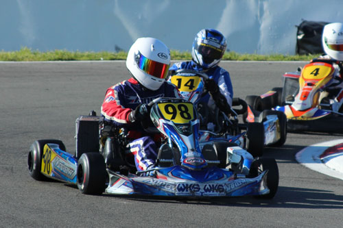 125cc Rotax Max/100cc Yamaha Light class winner James Penrose seen here leading Jonathan Buxeda and Olivia Yardley in one of the 125cc Rotax Max Light class races