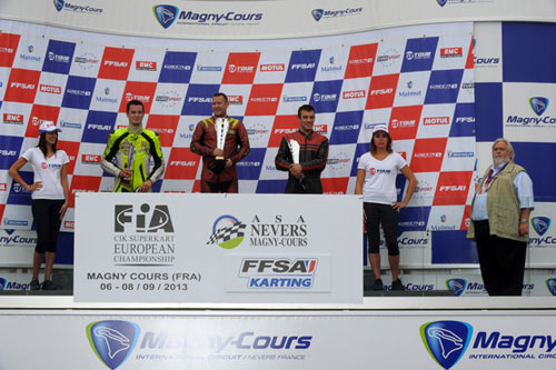 Podium of the 2013 CIK-FIA European Superkart Championship Race 2 with from left to right: Adam Kout (CZE), Gavin Bennett (GBR) & Emmanuel Vinuales (FRA)