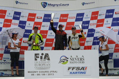 podium of the 2013 CIK-FIA European Superkart Championship Race 1 with from left to right: Adam Kout (CZE), Emmanuel Vinuales (FRA) & Henrik Lilja (DNK) 