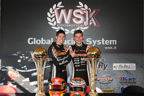 Felice Tiene (KF) and Max Verstappen (KZ1) on the WSK podium