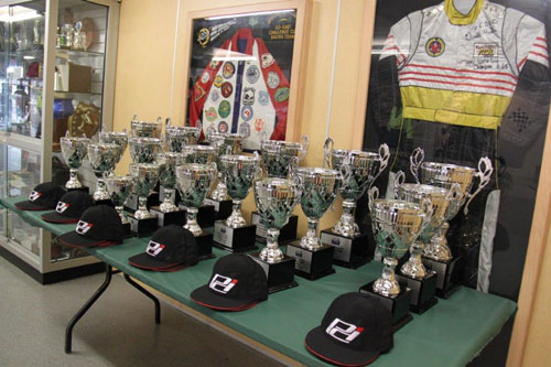 The trophies awarded to the podium recipients at the Rotax Pro Tour