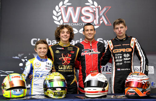 The winners of WSK Euro series 2013 (L to R) Lando Norris, Dorian Boccolacci, Riccardo Negro and Max Verstappen
