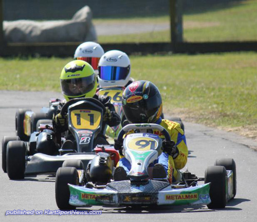 Jack Proctor leads Oliver Young and Clay Osborne in a Cadet Raket class race at the CRC Speedshow Top Half Series round at Edgecumbe in March