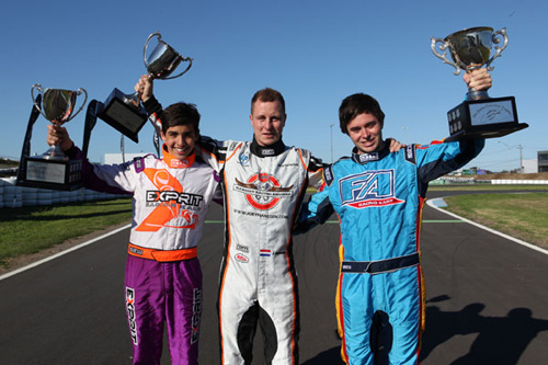 2014 CIK Stars of Karting Champions Jayden Ojeda (KF3), Joey Hanssen (KZ2) and Troy Loeskow (KF2)