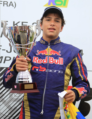 IAME-powered Kosmic driver Mauricio Baiz on the KF-J World Championship podium