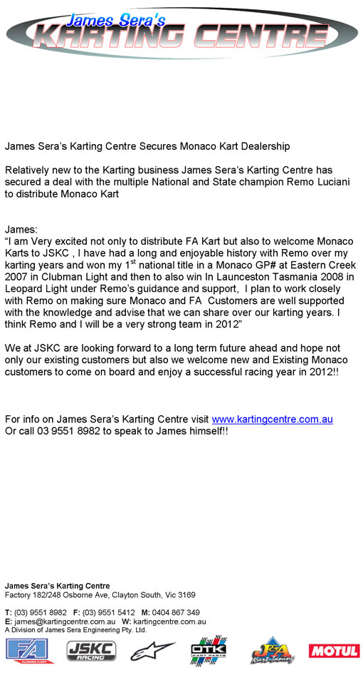 james sera karting centre press release monaco karts