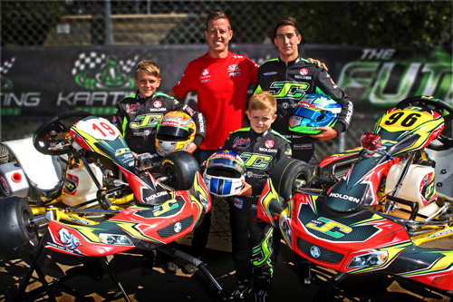 Holden's James Courtney with Holden Kart Team members Jai Brown, Liam McLellan and Oscar Targett (front)