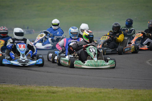 Andrew Hayes (15) leads Restricted Super Heavy to a start, Peter Sloan (2) alongside