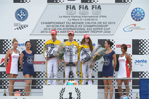 CIK-FIA Karting Academy Trophy, Round 3 podium (left to right) Murilo Della Coletta (BRA), Xavier Lloveras Brunet (ESP) & Marta Garcia Lopez (ESP) 