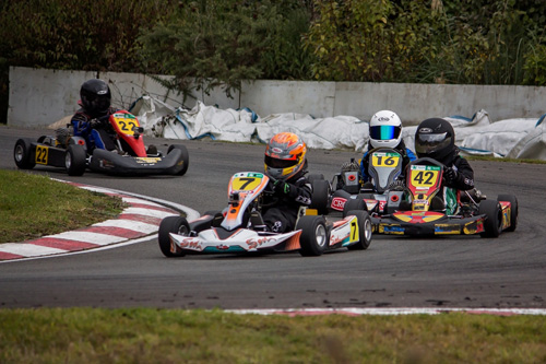 Cadet ROK class, Jenson Bate (#7) from Palmerston North, leads Logan Smith (#42) and Logan Manson (#16)