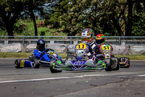 Bayley Walker (#11) leading Ronan Murphy (#51) and Robbie Johnston (#84) in one of the Junior Yamaha class races at the second Bayleys WPKA Goldstar Series round late last year. 