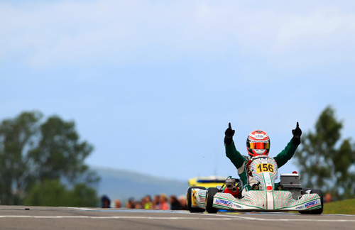 Armstrong celebrates winning the KF class at the final round of the CIK-FIA European Championship meeting in Sweden in July
