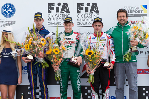 Marcus Armstrong celebrating winning the KF class at the final round of the 2015 CIK-FIA European Karting Championship in Sweden in July this year