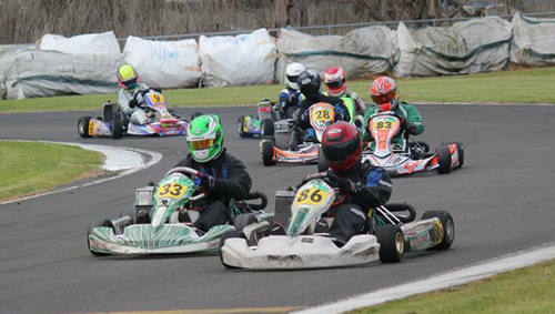 At the 47th Blossom meeting in Hawke's Bay last year, Matthew Umbers leads Brad Still and Ashley Higgins in a 125cc Rotax Max Light heat