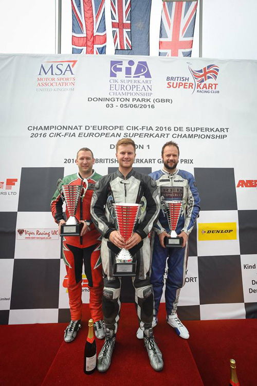 Podium of the 2016 CIK-FIA European Superkart Championship, Round 2, Mono Cylinder Cup, Race 1, with from left to right: Gavin Bennett (GBR), Jordan Ford (AUS), & Paul Platt (GBR)
