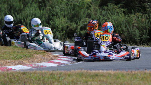 Wellington Formula Junior class karters Ryan Wood (#40) and Rianna O'Meara-Hunt (#69) lead Tom Greig (#44) and Riley Jack at the Wellington round of the Bayleys WPKA Goldstar series earlier this year