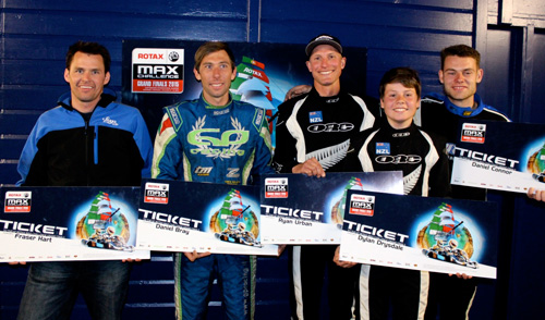 Who will represent New Zealand at this year's Rotax MAX Challenge Grand Finals? The 2015 New Zealand Rotax Max Challenge class winners (l to r), Fraser Hart, Daniel Bray, Ryan Urban, Dylan Drysdale and Daniel Connor with their tickets to last year's Grand Final