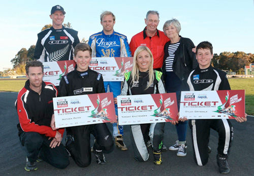 New Zealand's 2016 Rotax Max Challenge Grand Final drivers with series promotors Gavin & Pam Bright and Tony Chambers. (l to r top) Ryan Urban, Josh Hart and Gavin & Pam Bright. (l to r lower) Tony Chambers, Matthew Payne, Tiffany Chittenden and Dylan Drysdale.