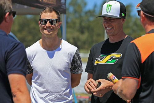 James Courtney (right) with fellow Supercars driver Tim Slade at the 2015 Race of Stars