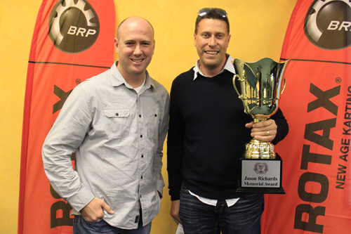 2014 Jason Richards Memorial winner, Steven Ellery, with Managing Director of International Karting Distributors Ian Black