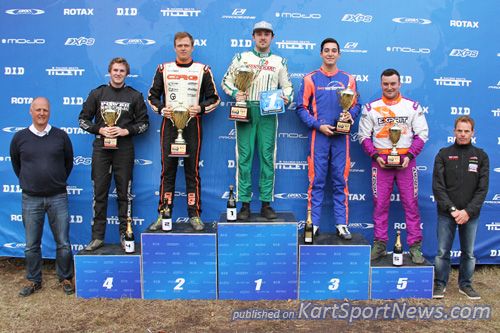 Rotax Heavy podium (left to right): Helmut Voglsam from BRP-Powertrain, Brock Lannoy (4th), Lane Moore (2nd), Chris Farkas (1st), Joshua Davey (3rd), Clem O'Mara (5th), Darrell Smith from BRP-Powertrain