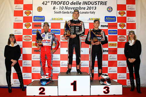Davide Forè, winner of the KZ2 Final and the 42nd Trofeo delle Industrie, on the podium with Roberto Toninelli (left) and Marcel Mueller (right) 