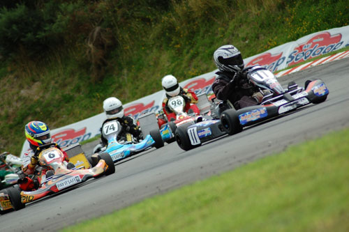 Aaron Marr, seen here leading the KF3 class at the 2011 CIK Trophy of New Zealand, will be competing at the big Coates Hire Race of Stars meeting in Queensland on Saturday