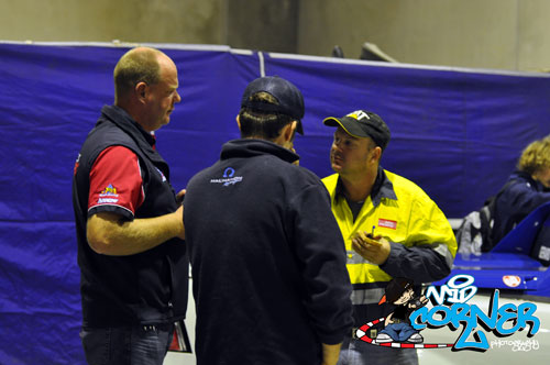 Shamick Racing are into more than just karting. Shane Wharton (left) and Gerard McLeod (centre) chew the fat behind McLeod's V8 Ute that was on show