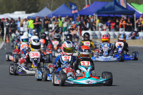 Kiwi karter Callum Hedge from Tauranga leading a group of fellow Cadet class karters at the Coates Hire Race of Stars meeting in Queensland on Saturday