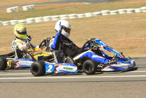 It was a close finish in Rotax Heavy, Brendan Nelson shown here edging out Matt Wall for the victory