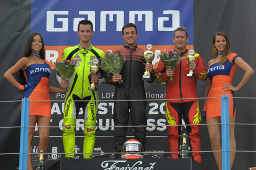 Podium of the 2014 CIK-FIA European Superkart Championship Race 2 (left to right) Adam Kout (CZE), Emmanuel Vinuales (FRA) & Gavin Bennett (GBR)