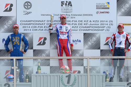 Podium of the 2014 CIK-FIA European KZ Championship, Round 3 (Final), with (left to right) Patrik Hajek (CZE), Paolo De Conto (ITA) & Rick Dreezen (BEL)