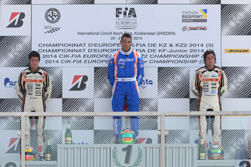 Podium of the 2014 CIK-FIA European KZ2 Championship, Round 3 (Final), with (left to right) Felice Tiene (ITA), Douglas Lundberg (SWE) & Fabian Federer (ITA) 