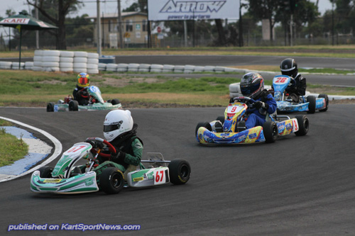 Thomas Boniface (#67) leading Braydon Callaghan (#9) and Kai Allen #26 at the Junior Top Guns meeting in Melbourne on Saturday