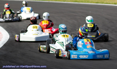 Victory in Rotax Max Light and the combined Rotax Max Grand Prix went to Palmerston North driver Josh Drysdale (#2)