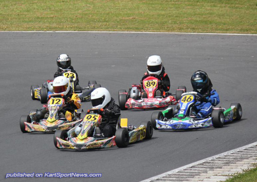 Action from one of the Cadet class heats with Connor Davison (#95) leading Fynn Osborne (#12), Billy Fraser (#46), Joshua Parkinson (#89) and Liam Sceats (#23)