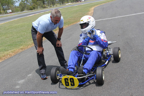 Karting Australia Chairman Mick Doohan giving Mayor Pisasale some tips before he took to the circuit