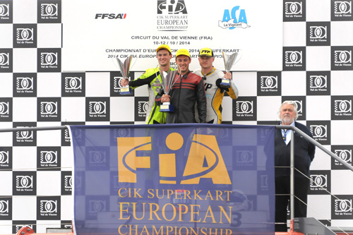 Race 1 podium (left to right) Adam Kout (CZE), Emmanuel Vinuales (FRA) & Henrik Lilja (DNK) 